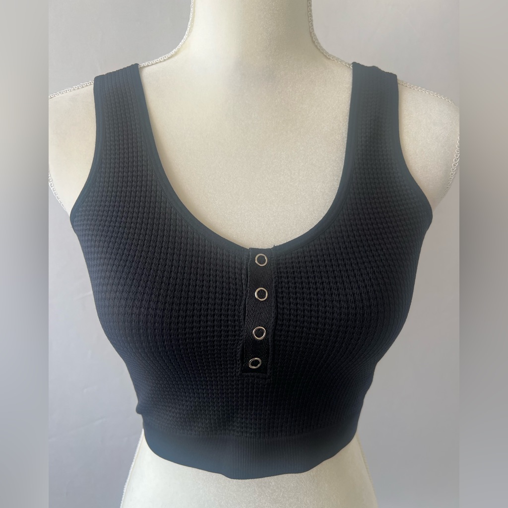 Colsie Black Waffle Crop Top W/ Snap Button Detail
